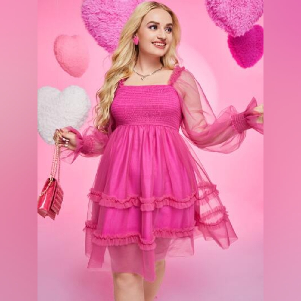 SHEIN Plus Ruffle Hem Shirred Flounce Sleeve Mesh Dress Hot Pink - Picture 1 of 5